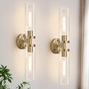Wall Sconces Set of Two, Hardwired Brass Bathroom Sconces Wall Lighting with Clear Glass, Modern Sconces Wall Decor Set of 2 Vanity Light fixtures for Bathroom Mirror Bedroom (Bulbs Not Included)