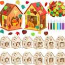 12 Sets Thanksgiving Wooden Houses Craft Harvest Graffiti Turkey House Pumpkin Maple Leave DIY Table Decor 12 DIY Unfinished Craft Kit 12 Watercolor Pens 100 Foam Stickers