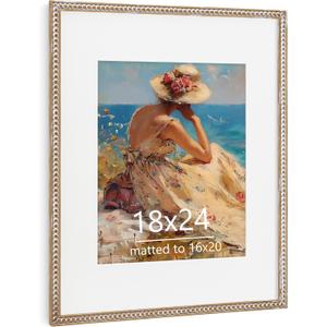 18x24 Poster Frame with Mat for 16x20, Distressed Beaded Wood, High-Clarity Glass, Whitewashed Farmhouse Style for Gallery Wall Decoration, Natural