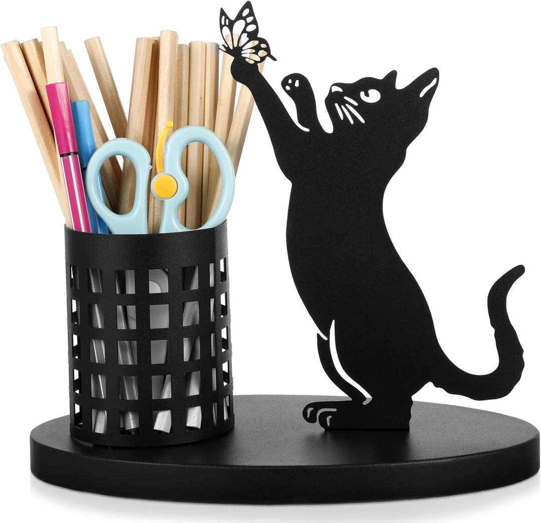 Tandefio Cat Pen Holder for Desk Cute Black Pencil Holder Metal Desk Accessories Organizer Makeup Brush Pen Cups for Office Home Decor Table Centerpiece Lover Gifts Women(Standing)