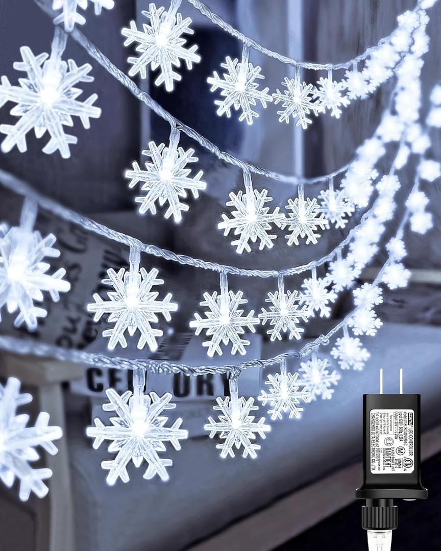 100 LED Snowflake Lights, 32ft Snowflake Fairy String Lights, 8 Modes Plug in Christmas String Lights, Waterproof Xmas Light for Indoor Christmas Decorations, White