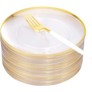 supernal 96pcs Gold Plastic Dessert Plates-White and Gold Plastic Forks,Disposable Appetizer Small Cake Plates 7.5" Clear and Gold Color Perfect for Party,Wedding,Birthday