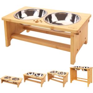 HTB Elevated Dog Bowls,Raised Dog Bowl Stand with 2 Stainless Steel Bowls,Elevated Raised Dog Bowls for Large Medium Small Sized Dogs (Bamboo)