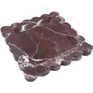 Square Marble Decorative Tray with Scalloped Edge, Luxury Natural Stone Bathroom Vanity Tray, Dresser Top Perfume Coffee Home Kitchen Sink Tray, Key Trinket Ring (8" x 8" x 0.7", Rosso Lepanto)