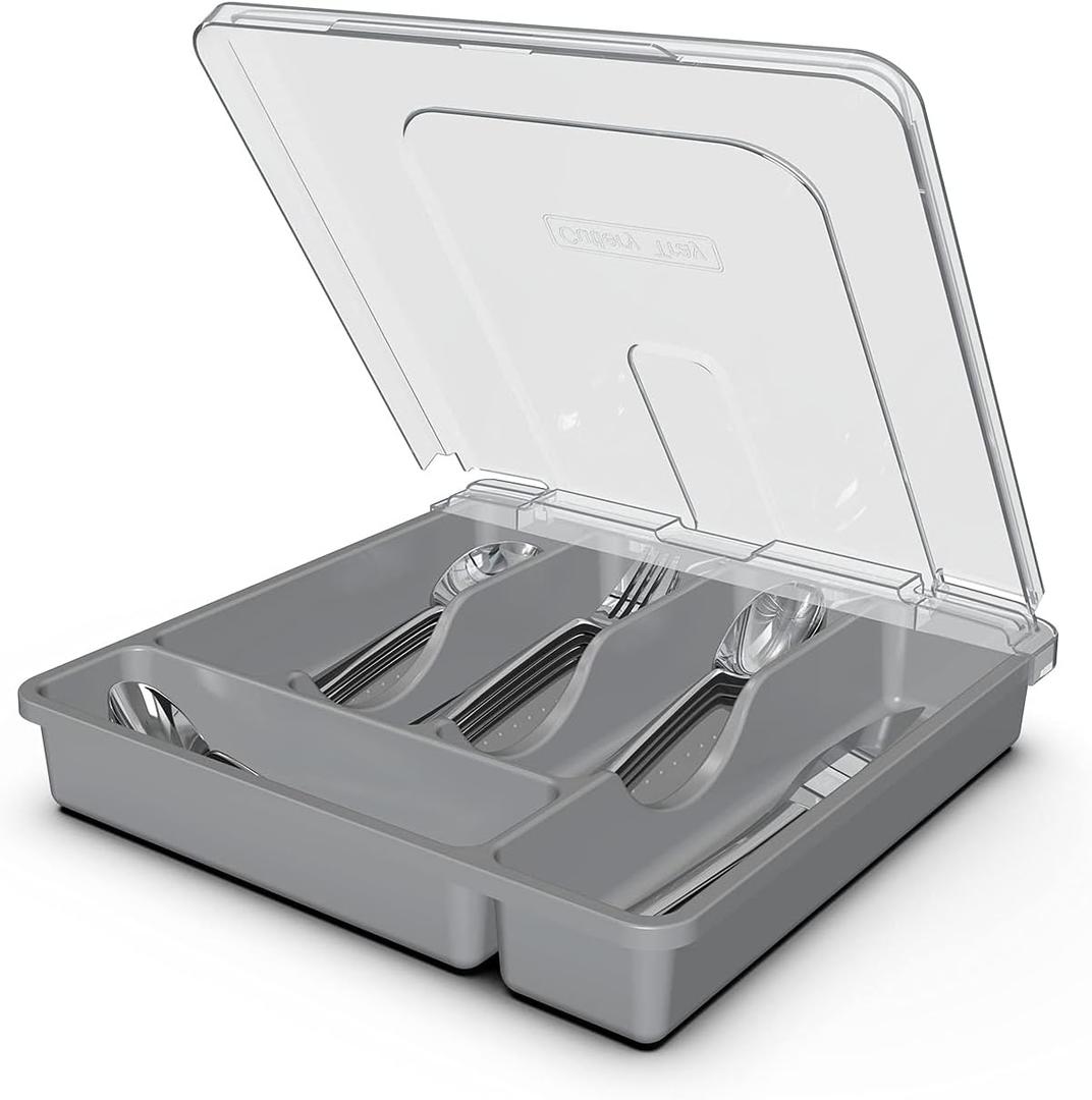 Silverware Tray with Lid, Utensil Holder for Kitchen Counter Plastic Flatware Organizers and Storage holder 5 Compartments Grey