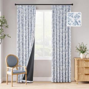 jinchan Pinch Pleated 95% Blackout Floral Curtains, Blue 84 Inch, Printed Flower Room Darkening Drapes with Thermal Insulation, Blackout Curtains for Living Room, 2 Panels for Bedroom