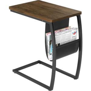 SRIWATANA Side Table End Table, Vintage C Shaped Couch Table with Side Pocket for Sofa Laptop Coffee Snack, Walnut