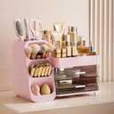 HBlife Makeup Organizer with Brush Holder for Vanity, Large Plastic Bathroom Countertop Organizer Skin Care Storage, Easy to Store Lipsticks, Nail Polishes, Perfumes, Eyeshadow Palettes, Pink