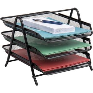 Mind Reader 3-Tier Paper Tray, Desktop Organizer, File Storage, Office, Metal Mesh, 11.75"L x 13.75"W x 10"H, Black (Black)