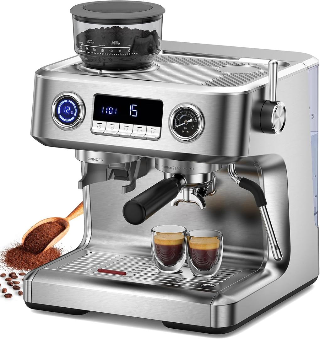 Barista Espresso Machine with Grinder & Milk Steam Frother, Commercial Espresso Maker for Cappuccino and Latte, Brushed