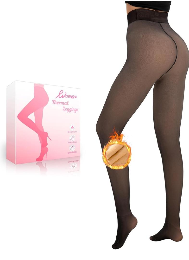 HONGTEYA Fleece Lined Tights Women Winter Thermal Leggings Pantyhose Fake Translucent Thick Warm Sheer Tights (US, Alpha, opaque Skin) Size XL Black