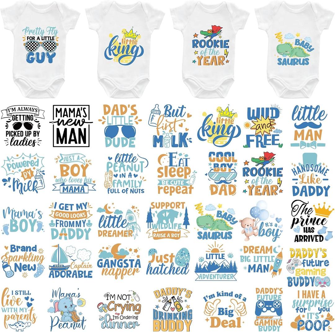 36 Sheets Baby Shower Games Iron on Transfers for T-Shirts, Cute Baby Boy DTF Transfers Ready to Press Heat Transfers Vinyl, Iron on Patches Decals for Baby Clothes Bibs Bodysuit DIY Crafts
