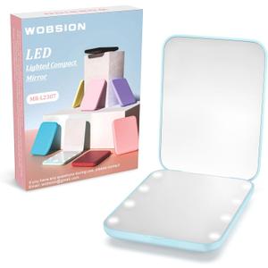 wobsion Small Mirror with Lights,LED Compact Makeup Mirror,1x/3x Mini Travel Mirror with Magnification,Portable Hand Held Mirror for Purse,Pocket,Gifts for Girls,Blue