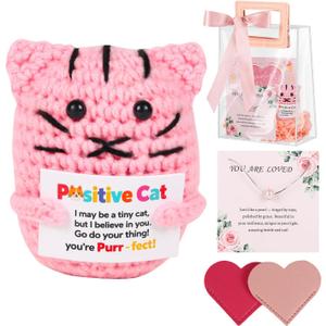 SEAPANHE Positive Crochet Cat Gift Set with Pendant Necklace, Heart Bookmarks & Encouragement Card  Portable Emotional Support Plush, Stress Relief Mini Toy for Women, Teens & Cat Lovers