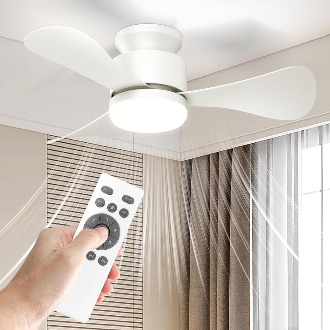 Hisummer 28 Inch Small White Fan with Light and Remote, Modern Reversible Flush Mount Fan for Bedroom, Kitchen, Patio, Indoor/Outdoor (White)