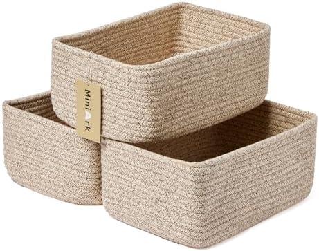 MiniArk Small Storage Baskets for Organizing | Closet Organizer Bins | Shelf Toy Basket | Woven Rope Baskets | Cube Decorative Box | Shallow Basket | 11.5x7.5x4.7” | 3 Packs Mixed Brown