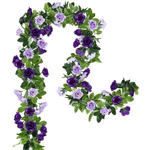 Floweroyal 2 Pack Artificial Flower Garlands 15.8FT Fake Rose Vines Silk Flowers Hanging Rose Ivy for Wedding Arch Party Home Garden Wall Decor (Purple) (2pcs)