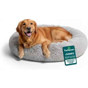 Furhaven 45" Round Calming Donut Dog Bed for Large Dogs, Refillable w/ Removable Washable Cover, For Dogs Up to 90 lbs - Shaggy Plush Long Faux Fur Donut Bed - Mist Gray, Jumbo/XL, 45.0"x45.0"x9.0"