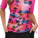 Tournesol Women's Two Piece Rash Guard Short Sleeve Swim Shirts UPF 50+ Built in Bra Swimsuit with Boyshorts with Pockets, Medium, Black & Pink Beach