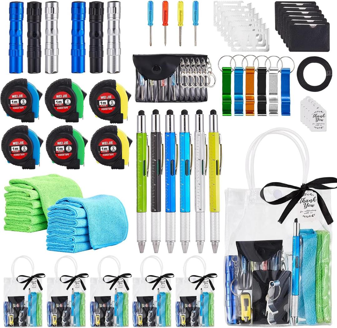 60PCS Baby Shower Prizes for Men 6 Set with Cleaning Cloth Bottle Opener Screwdriver Tape Measuring Keychain Multi Tool Pen Gift Bag Baby Shower Game Prizes for Winner Bachelor Party