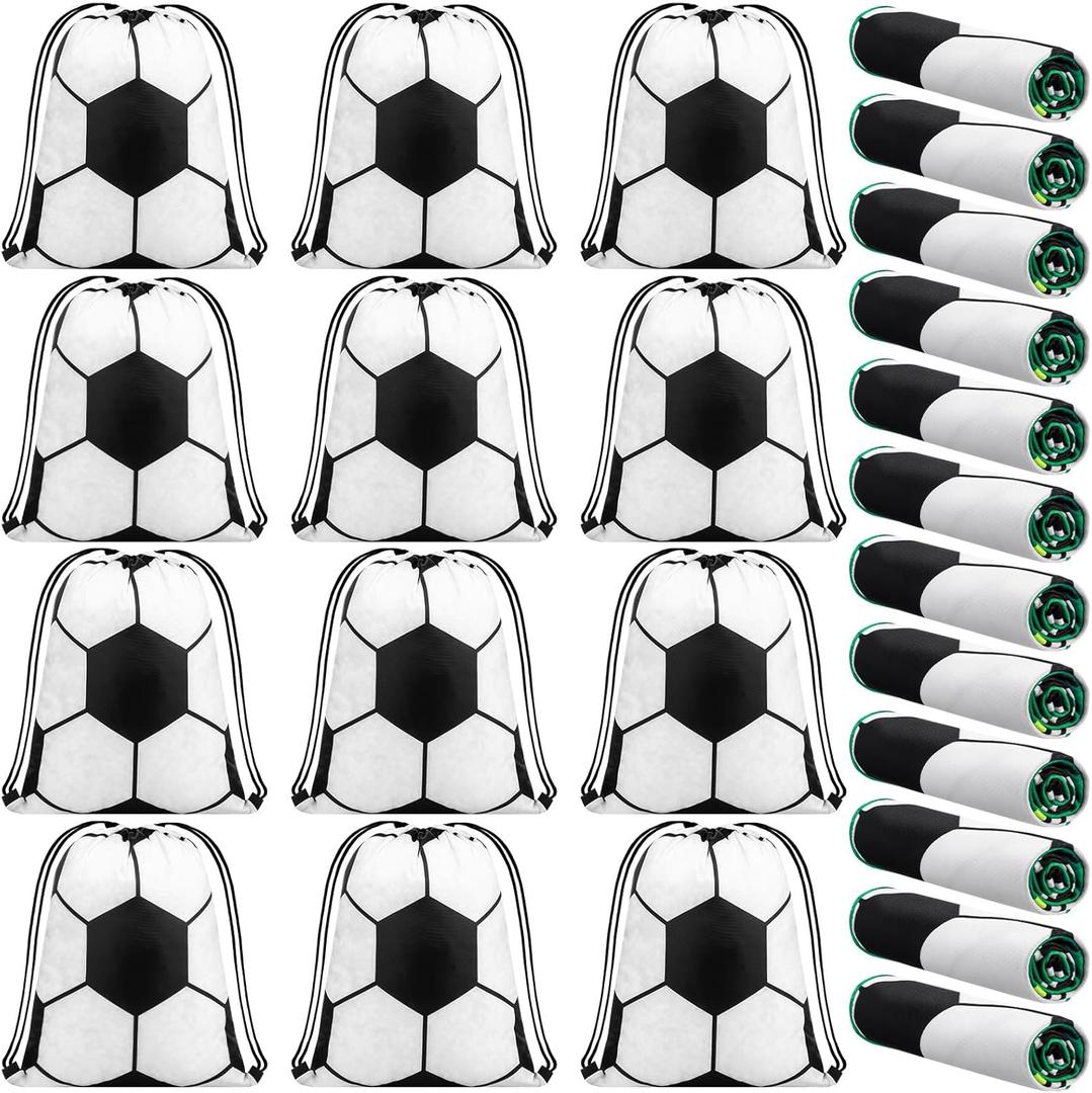 SmoothNovelty 24 Pcs Sport Party Favors with 40 x 12 Inch Soccer Cooling Towels and 13 Inch Soccer Ball Drawstring Backpack Microfiber Ice Towels String Bag for Athletes Gym Camp Team Gifts