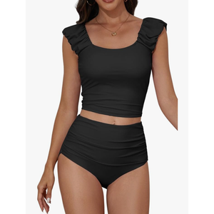 Eomenie Tankini Swimsuits for Women Ruched Tummy Control Bathing Suit Two Piece Swim Tank Top with High Waisted Bottom, Size -L