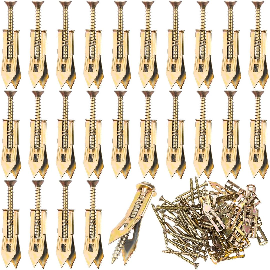 PAGOW 80 Pcs Self-Drilling Anchors, 2024 Upgraded Ancors and Screws for Heavy Duty, Metal Screw Anchors Kit, No Drill and Holes in Wall (40 Pcs Steel Anchors 0.47"x1.56" + 40 Pcs Zinc Screws) (Gold)