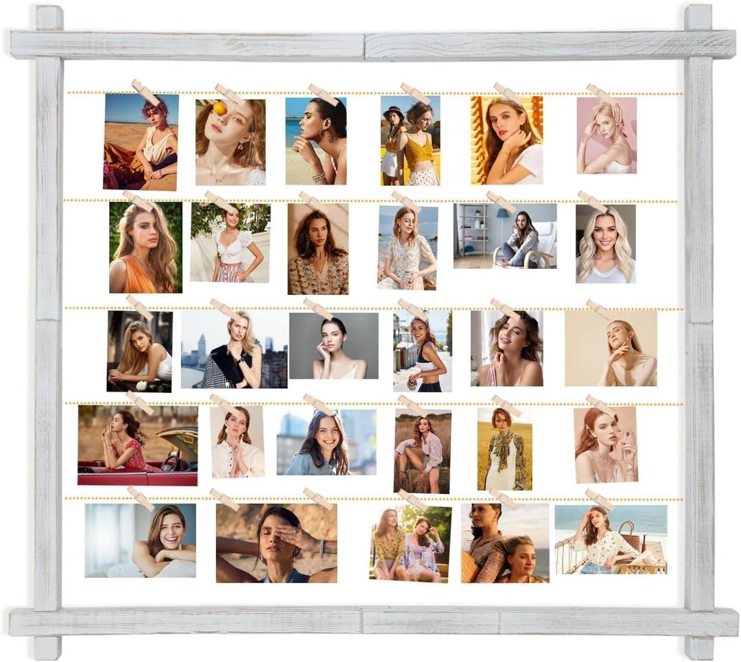 Photo Display Board With Clips,Picture Frame Collage for Wall Decor,Hanging Pictures Organizer Holder Wood for Graduation Party Letter Postcard Greeting Card,Pine,Adjustable Metal Bead String,Large (1 Pack, Rustic White)