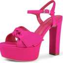 Black Platform Heel Sandals for Women 5.1 Inch Chunky Block High Heel Womens Open Toe with Bow Ankle Strap Wedding Party Dress Sandals (Hot Pink) 7.5