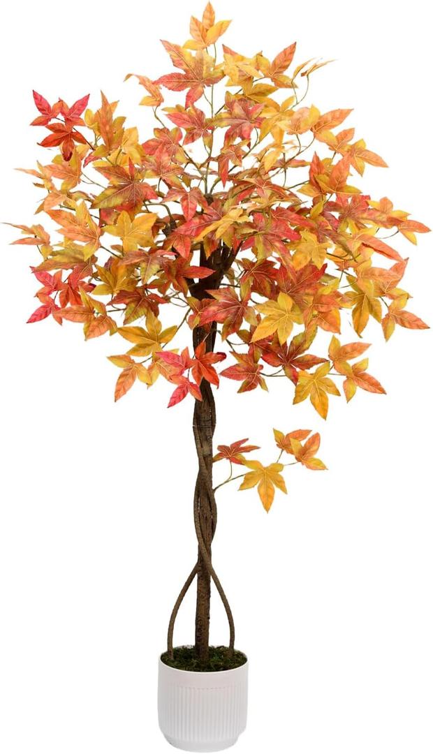 Artificial Maple Tree, 4FT Orange Potted Fake Plants Autumn Decoration Fall Tree for Home Office Party, Thanksgiving Halloween, Outdoor Indoor Porch Entryway