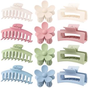 Large Hair Claw Clips 12 Pack, Flower Hair Clips for Thin Hair, Big Square Matte Strong hold for Thick Hair, 3 Styles Hair Clips for Women Thick Hair 4 Colors (Blue, Pink, Khaki, Green)