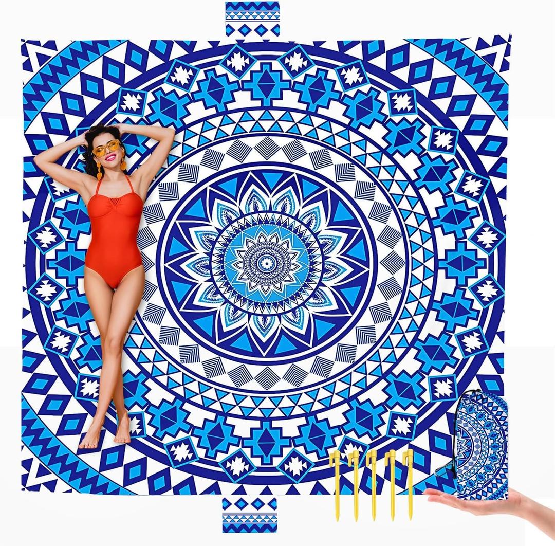 Boho Beach Blanket Sandproof Waterproof Extra Large Blankets for 1-8 Adults Size 110"x118" with Ground Mails, Pouch Bag, Anti Sand