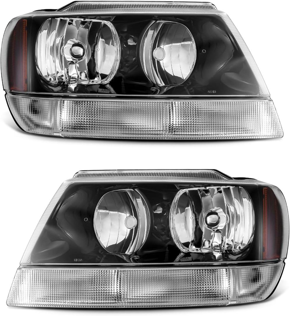 Headlight Assembly Pair for 1999-2004 Jeep Grand Cherokee Black Housing Amber Reflector Left Right W/O Bulbs