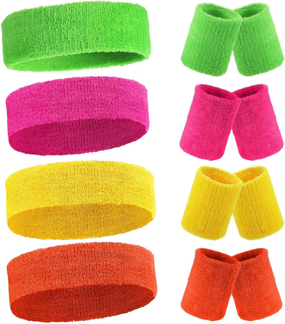 Civaner 12 Pcs 80s 90s Sweatbands Neon Sports Headbands Wristband Set for Men Women Party Cotton Headbands Terry Cloth Athletic Sweat Bands for Tennis Football Gym Outdoor Accessories (Bright Color)