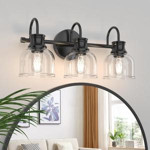 3 Lights Bathroom Vanity Light Fixtures, Matte Black Traditional Classic Vanity Light with Clear Glass, Bathroom Lighting Fixtures Over Mirror