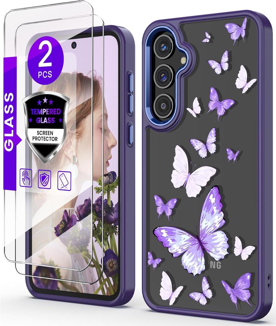 for Samsung Galaxy A35 5G Case+Tempered Glass Screen Protector,Military Grade Protective Slim Soft TPU & Hard PC,Girls Women Crystal Clear Flower Pattern Case Cover for A35 5G-Purple Butterfly
