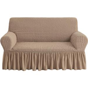 NICEEC Loveseat Slipcover Khaki Loveseat Cover 1 Piece Easy Fitted Sofa Couch Cover Universal High Stretch Durable Furniture Protector Love Seat with Skirt Country Style (2 Seater Khaki) (Medium)