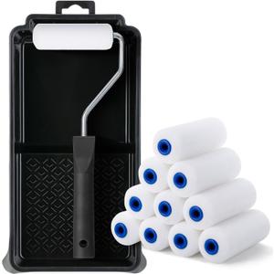 Bates- 4 Inch Foam Paint Roller Set, 12 pcs, Small Paint Roller Kit Includes 1 x Plastic Paint Tray, 1 x Roller Frame & 10 x White Foam Covers