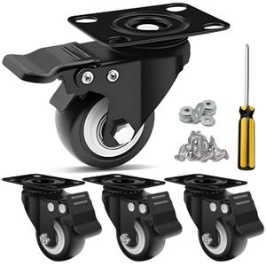 2 Inch Heavy Duty Casters 4 Sets of - Plate Casters with Brake, Bearing 600 pounds, 360 Degree Noiseless Rotating Wheels, Polyurethane (PU) Wheels for Furniture, Carts, Cabinets, Workbenches - Black