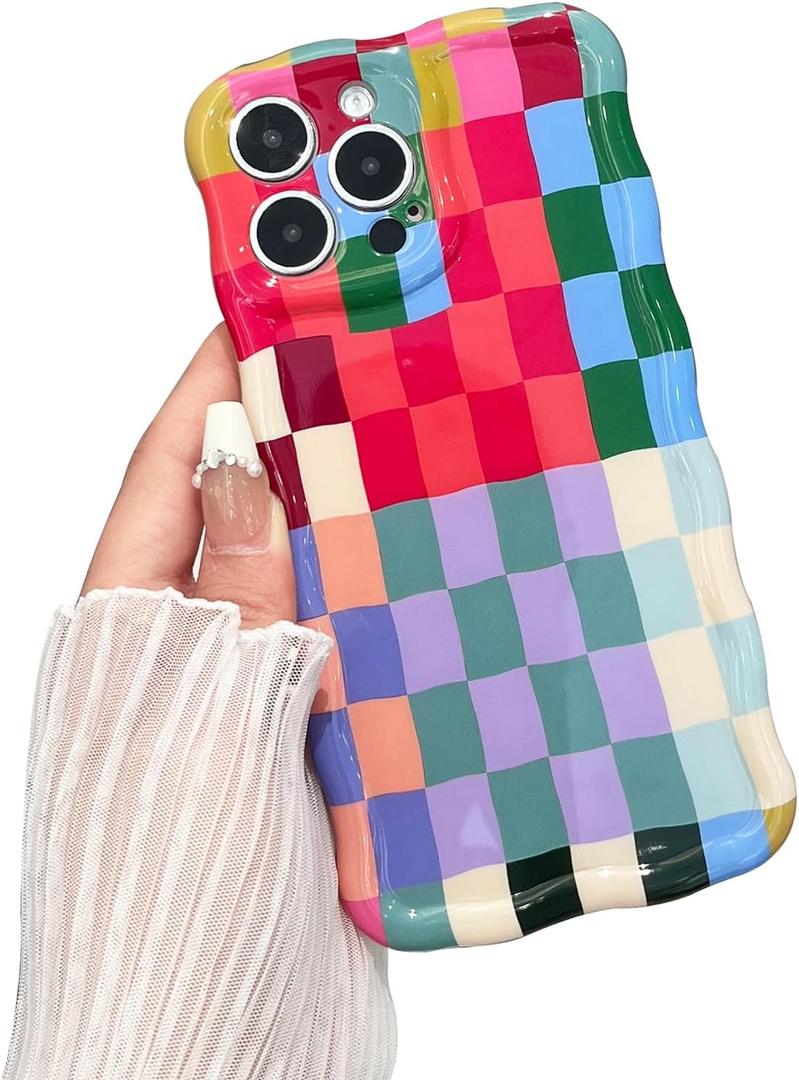 Compatible with iPhone 15 Case, Cute Wave Curly Colorful Checkerboard Plaid Phone Case for Women/Men, Soft TPU Shockproof Protection Case Designed for iPhone 15 