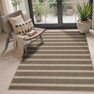 Lahome Elance Striped Easy Jute Rug, 3x5 Outdoor Patio Porch Rug Washable Rugs for Entryway, Indoor Outdoor Living Room Carpets, Farmhouse Neutral Non Slip Carpet for Backyard Bedroom RV, Khaki