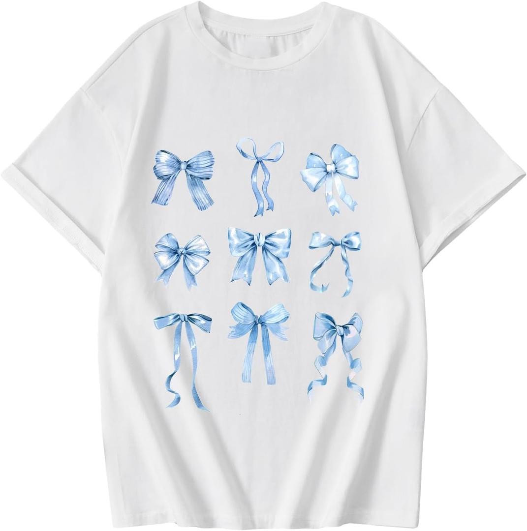 Girls' Graphic Tees Short Sleeve Crewneck T Shirt Preppy Cute Tops Casual Summer Tee Tops (White)