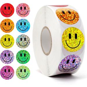 1000PCS Smiling Glitter Stickers, 1inch, 10 Colored Sparkly Foil Happy Stickers, Rewarding Student Behaviour, School Classroom Teacher