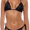 Women's Triangle Sequin Bikini Set Brazilian Halter String Backless Tie Side Thong Two Piece Swimsuit Bathing Suit, M