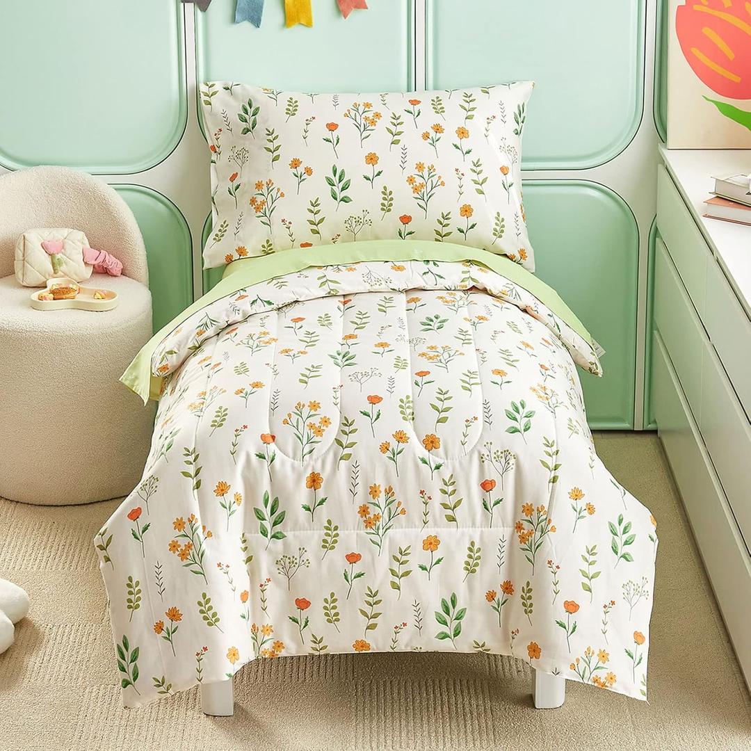 Joyreap 4 Piece Cotton Toddler Bedding Set for Girls, Yellow Flowers Green Leaves on White, Soft Breathable Toddler Comforter Set, Includes Quilted Comforter, Fitted Sheet, Top Sheet, and Pillow Case (Floral Green 02)