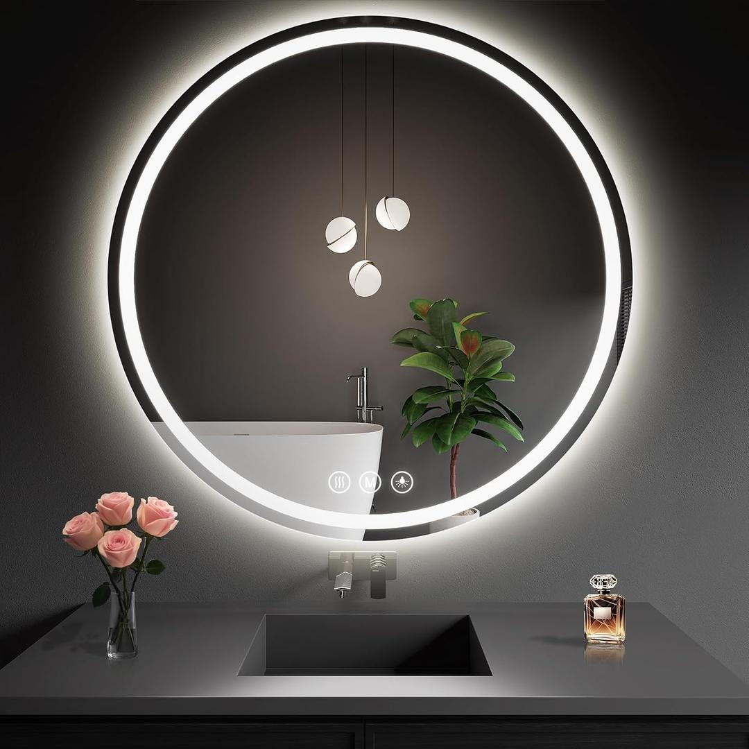 LED Bathroom Mirror 42 Inch Round Bathroom Mirror with Lights, Circle Wall Mirror with 3 Colors Brightness, Anti-Fog for Bathroom Vanity, Entryway Living Room (White)