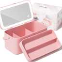 Makeup Case with Mirror and Light - Portable Cosmetic Box Rechargeable with 3 Color Mode and DIY Partitions for Women Girls (Pink B)