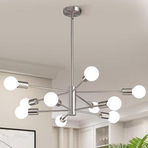 KAISITE Modern Chandelier Light Fixture Brushed Nickel Sputnik Chandelier 10-Light Farmhouse Chandelier for Dining Room Over Table Height Adjustable Kitchen Living Room Ceiling Hanging Light Fixture