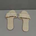 OYOANGLE Women's Fringe Straw Sandals Crochet Open Toe Single Band Flat Slip On Sandals (8.5, Beige)