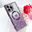 Bonoma Magnetic Glitter for iPhone 16 Pro [Compatible with MagSafe], Luxury Love Heart Pattern Plating Bling Rectangular Case,Camera Protection Sparkly Soft Back Cover for Women Girls-Purple
